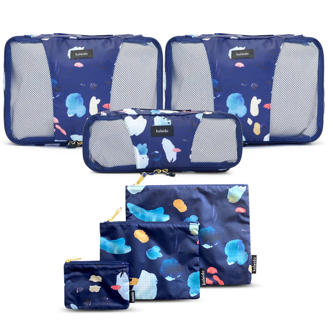 Travel Luggage Organizer - 6 pc - Packing Cubes & Accessory Pouches (Navy Tidal)